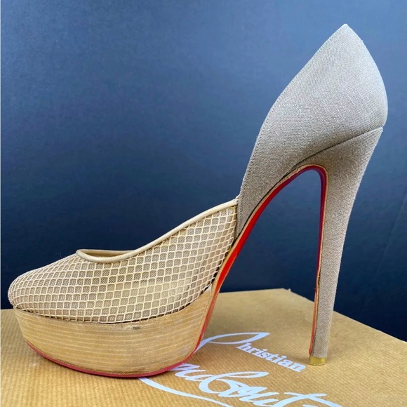 Christian Louboutin Aragna Nude Fishnet Heels Sz 38/7.5 with Sole Guard and Box - Picture 6 of 10